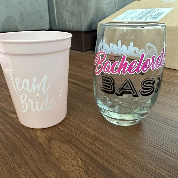 Dining | Pink Bachelorette Bash Team Bride Wine Glass And Plastic Cup ...